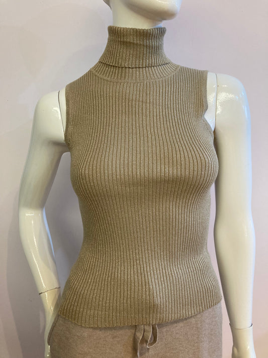 Beige turtleneck cropped sleeveless sweater