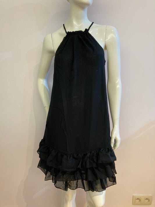 Black sleeveless dress thin straps with wavy bottom and lining