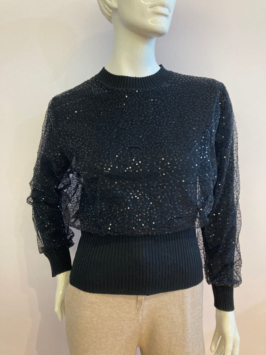Small ribbed black sweater lined with sequin tulle