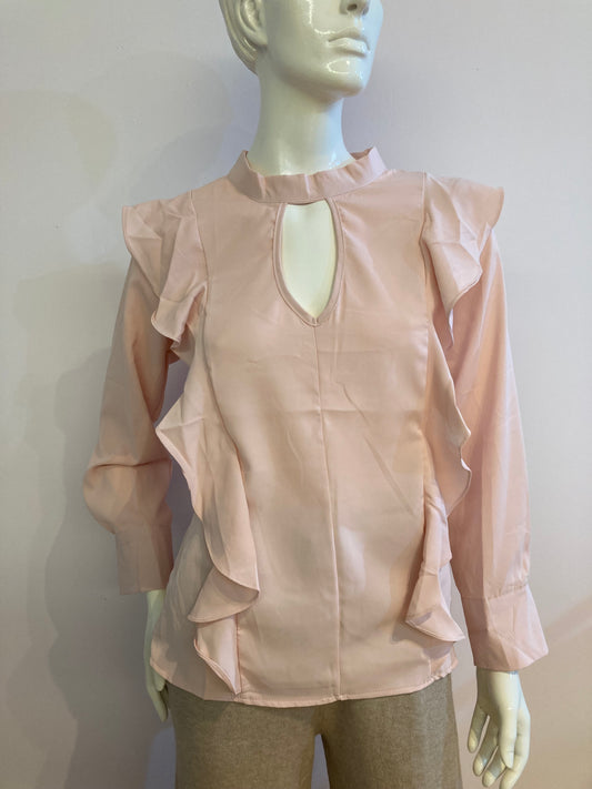 Chic pink blouse with long sleeves and ruffles