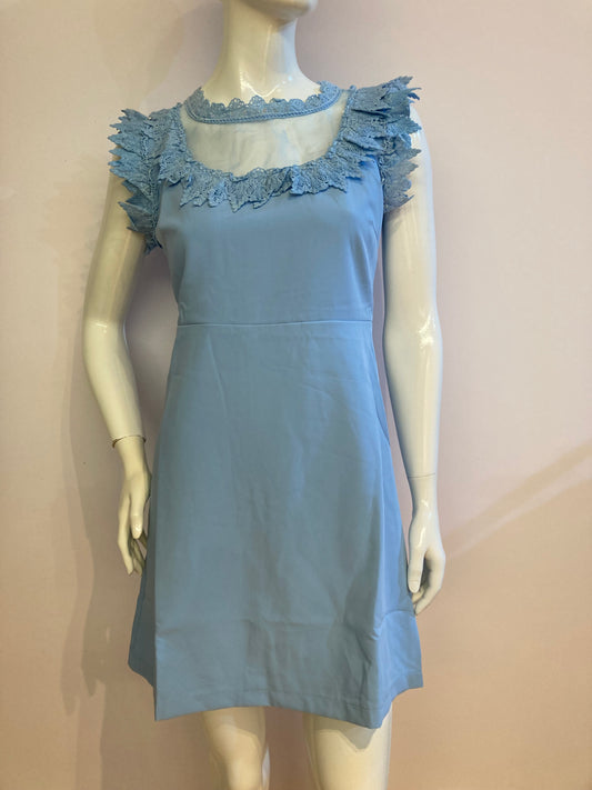 Blue dress with chiffon and lace at bust and collar.
