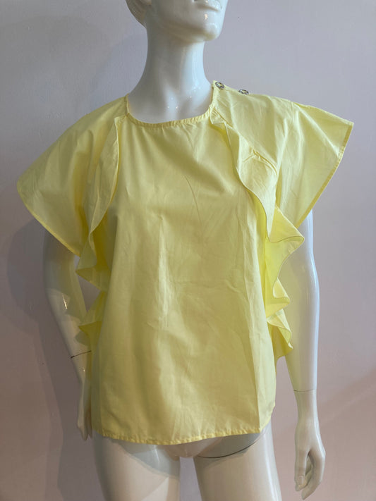 Yellow blouse with ruffle and three buttons on the shoulders