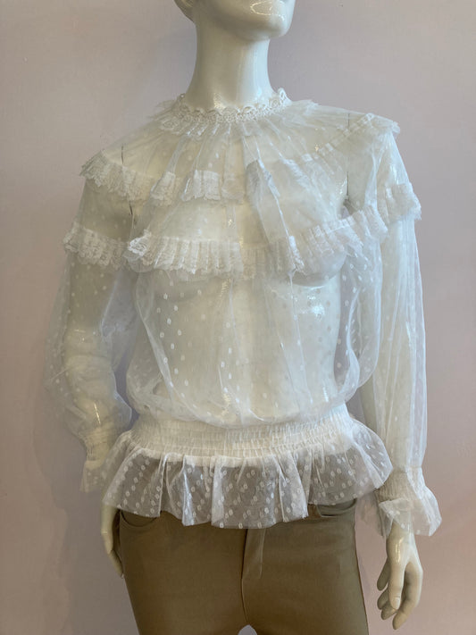 White blouse with plumetis tulle and ruffled