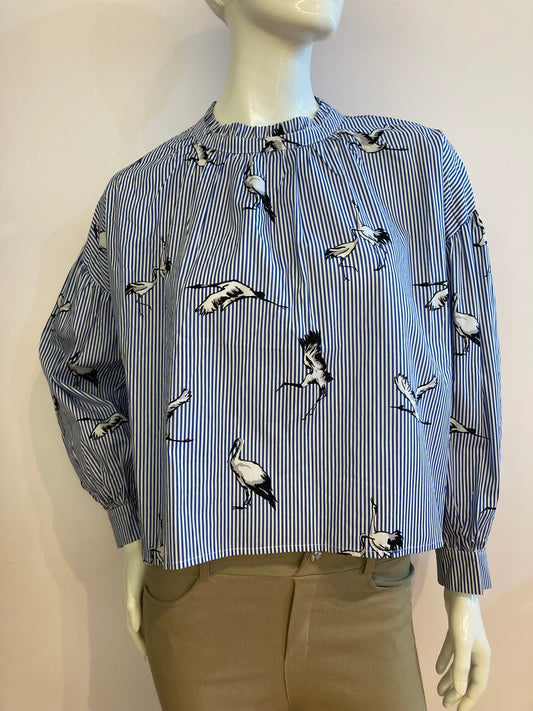 Blue striped blouse with bird motif