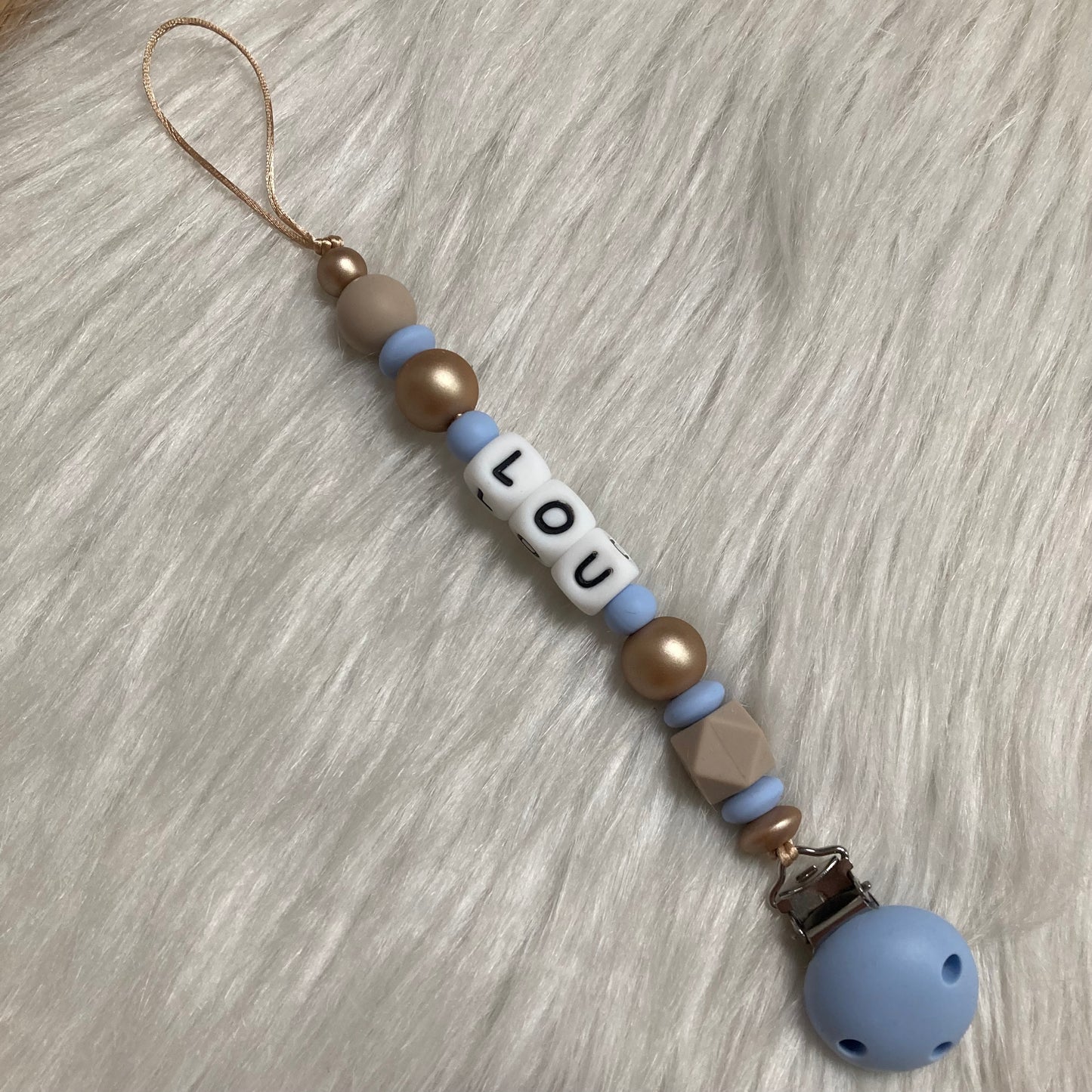 Speenkoord poederblauwe/beige/gouden tinten