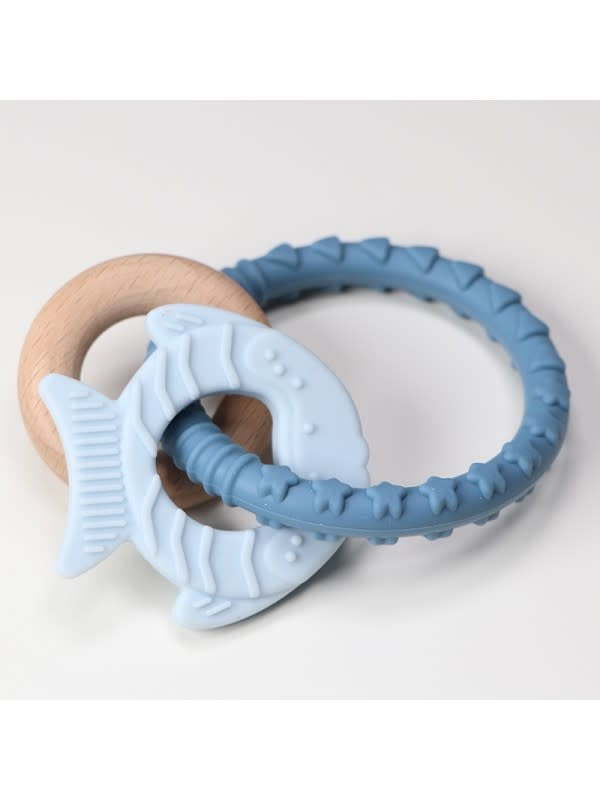 Label Label - Teether Silicone Wood - Fish - Blue