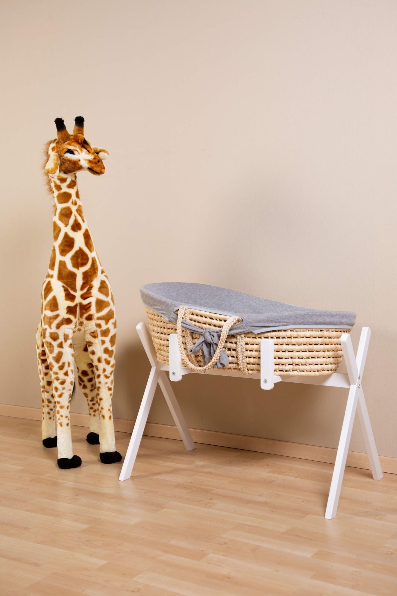 Moses Mand + Handvaten + Matras - Zacht Maïsschil - Naturel + Jersey Bekleding Grijs