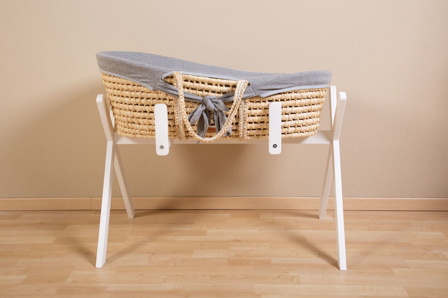 Moses Mand + Handvaten + Matras - Zacht Maïsschil - Naturel + Jersey Bekleding Grijs