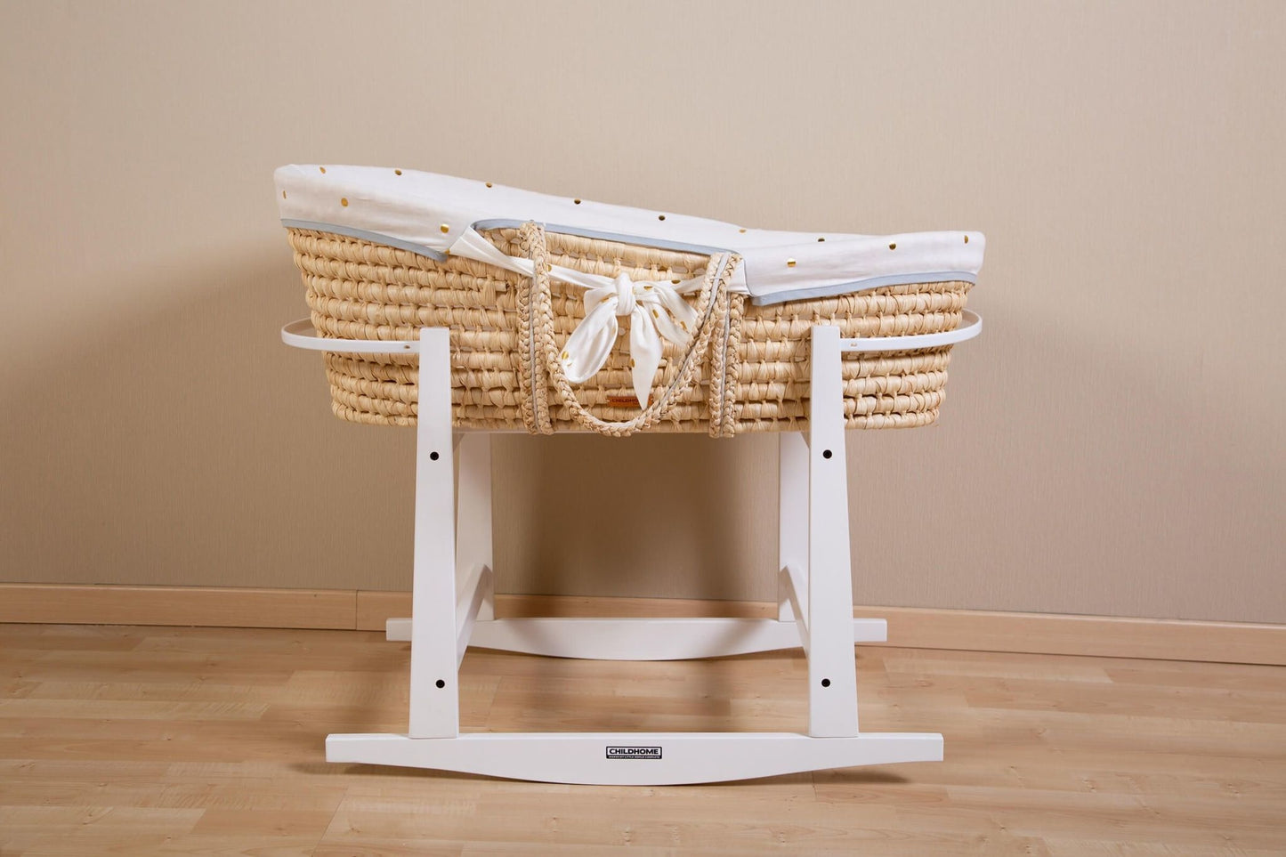 Moses Mand + Handvaten + Matras - Zacht Maïsschil - Naturel + Jersey Bekleding Gold Dots
