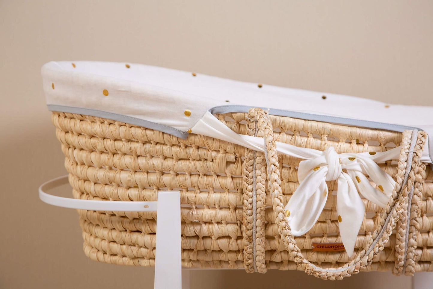 Moses Mand + Handvaten + Matras - Zacht Maïsschil - Naturel + Jersey Bekleding Gold Dots
