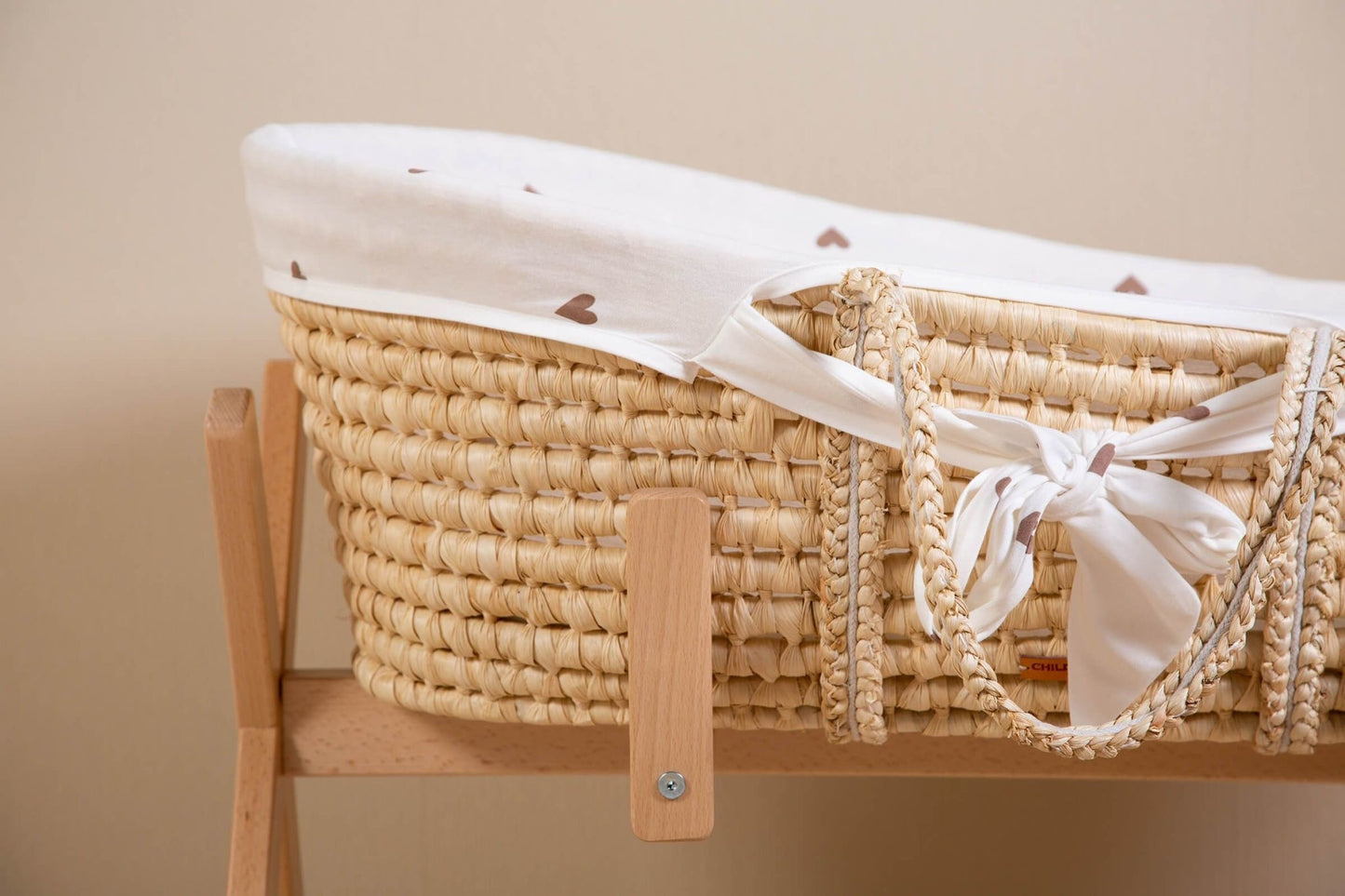 Moses Mand + Handvaten + Matras - Zacht Maïsschil - Naturel + Jersey Bekleding Hearts
