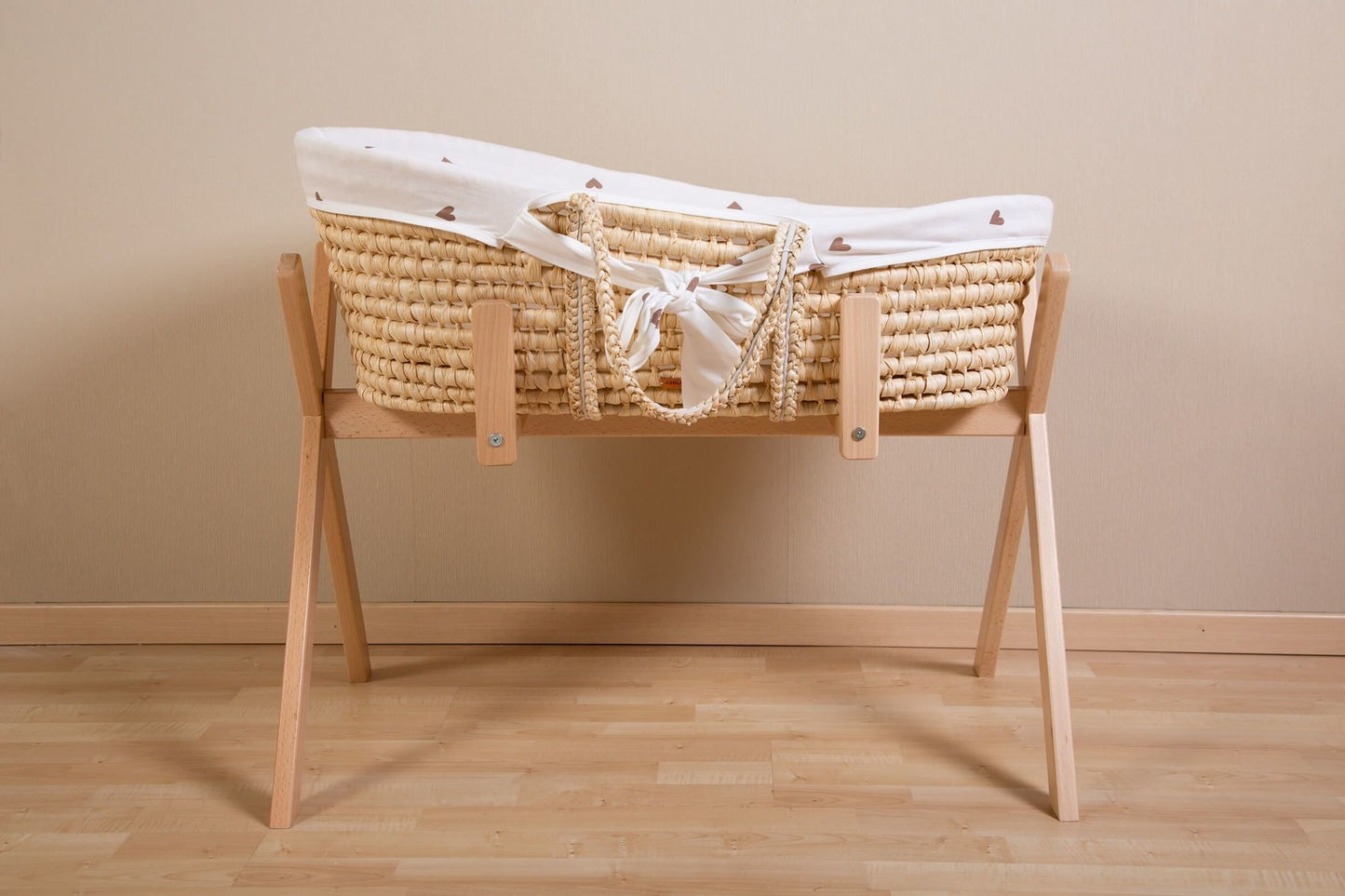 Moses Mand + Handvaten + Matras - Zacht Maïsschil - Naturel + Jersey Bekleding Hearts