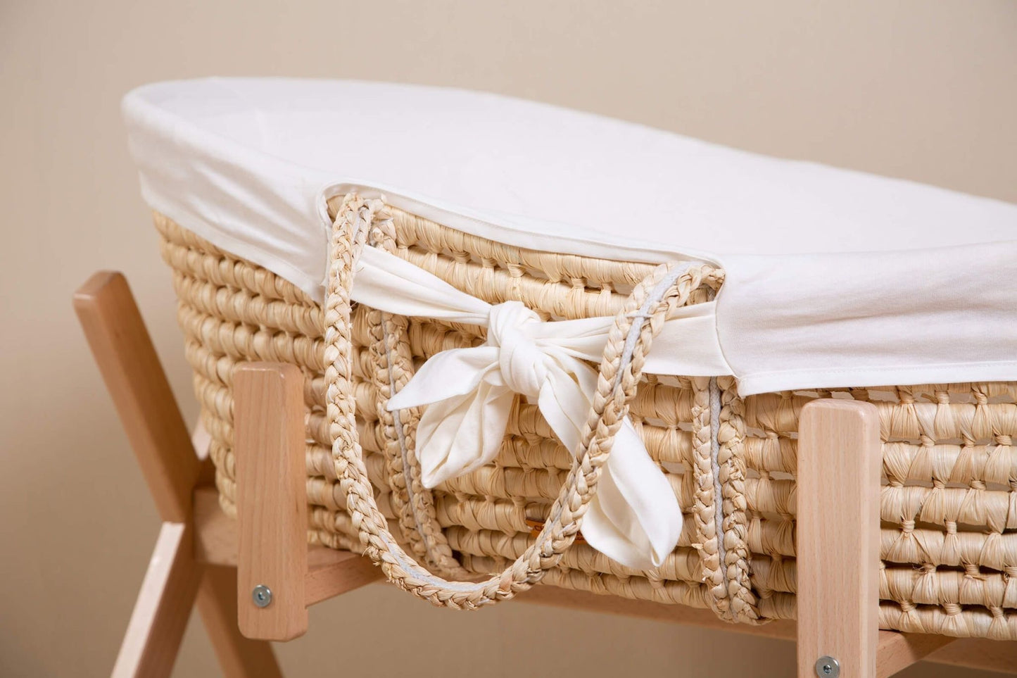 Moses Mand + Handvaten + Matras - Zacht Maïsschil - Naturel + Jersey Bekleding Ecru