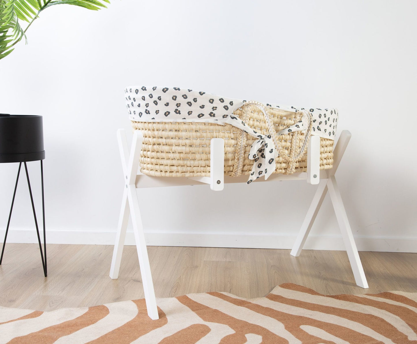 Moses Mand + Handvaten + Matras - Zacht Maïsschil - Naturel + Jersey Bekleding Leopard
