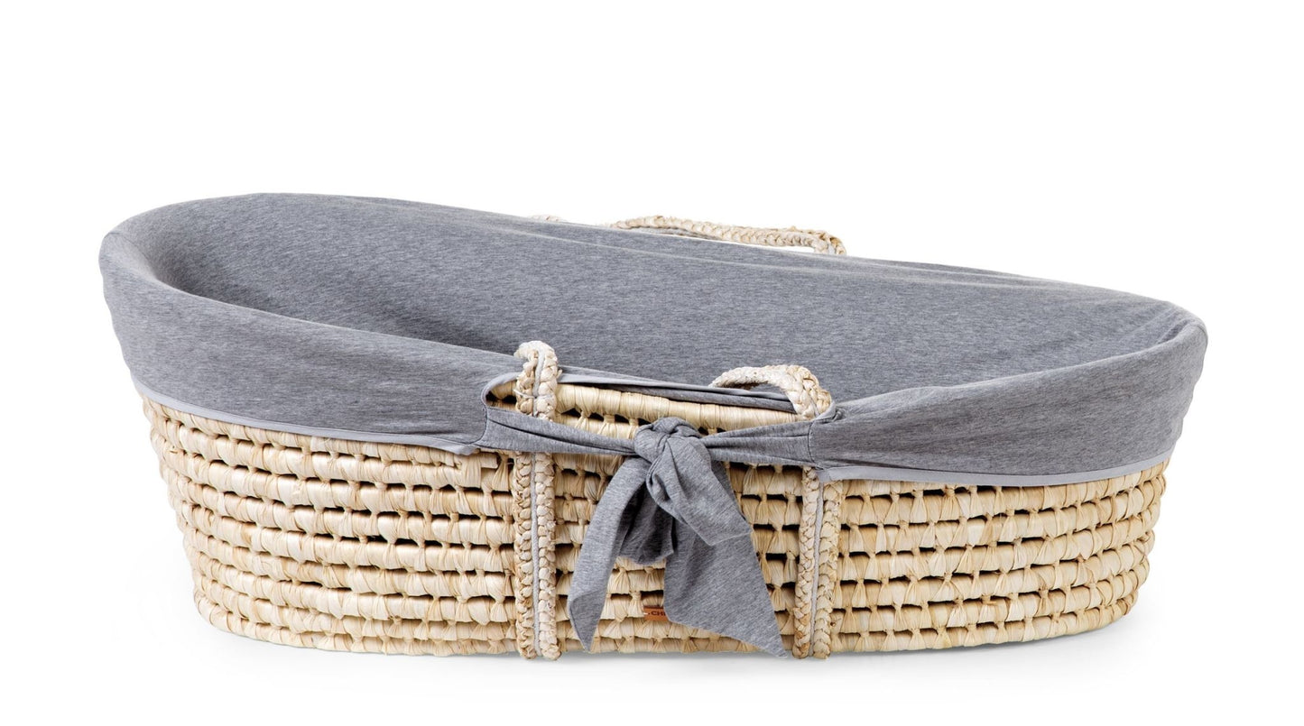 Moses Mand + Handvaten + Matras - Zacht Maïsschil - Naturel + Jersey Bekleding Grijs