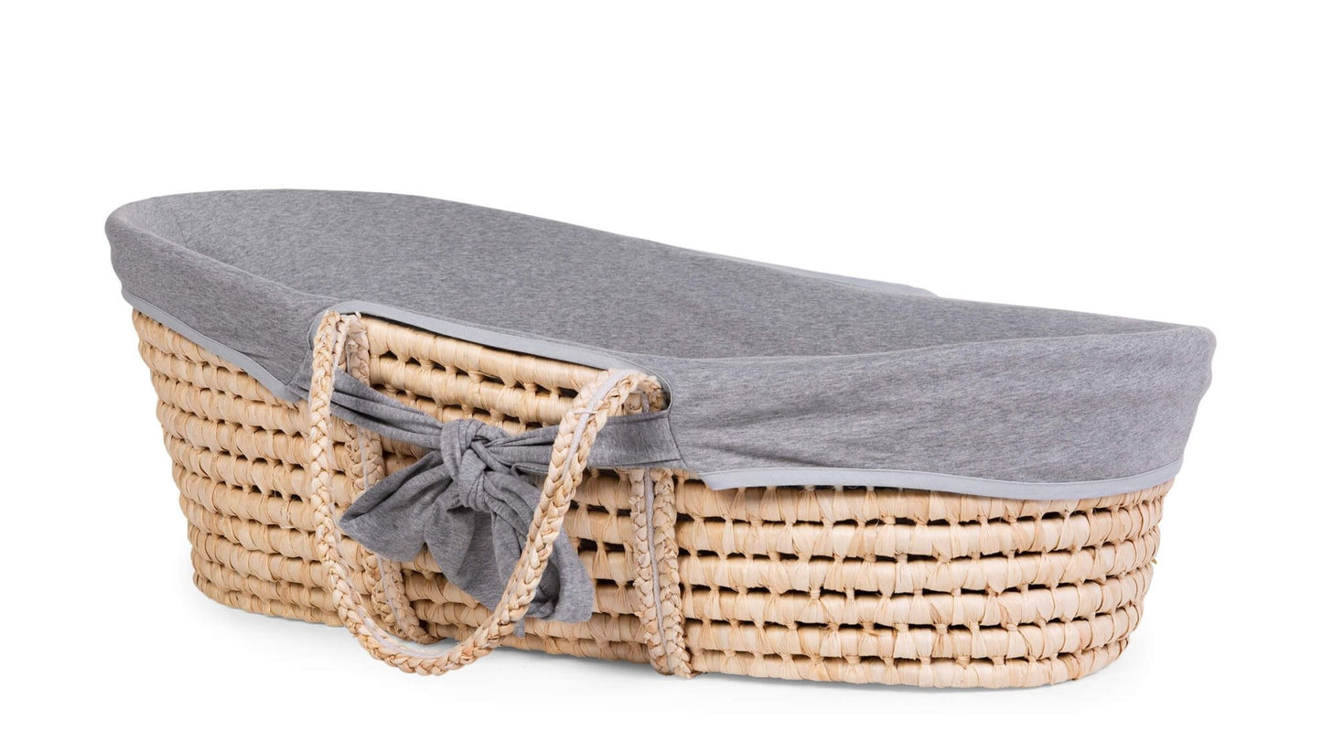 Moses Mand + Handvaten + Matras - Zacht Maïsschil - Naturel + Jersey Bekleding Grijs