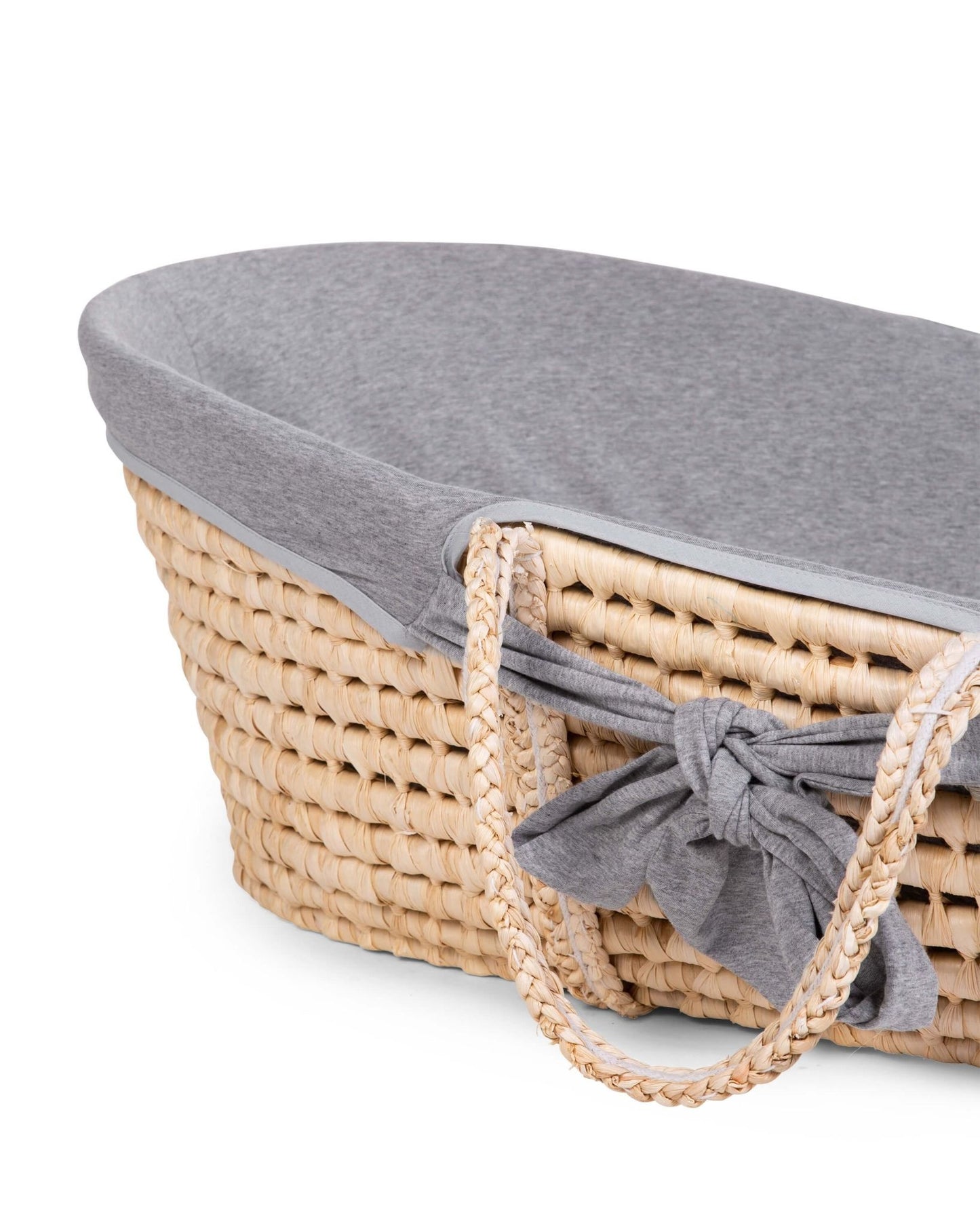 Moses Mand + Handvaten + Matras - Zacht Maïsschil - Naturel + Jersey Bekleding Grijs