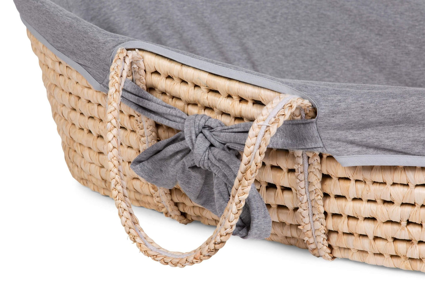 Moses Mand + Handvaten + Matras - Zacht Maïsschil - Naturel + Jersey Bekleding Grijs