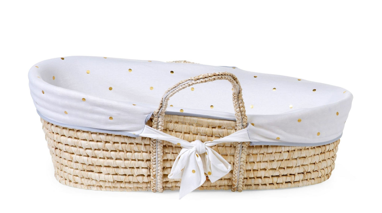 Moses Mand + Handvaten + Matras - Zacht Maïsschil - Naturel + Jersey Bekleding Gold Dots