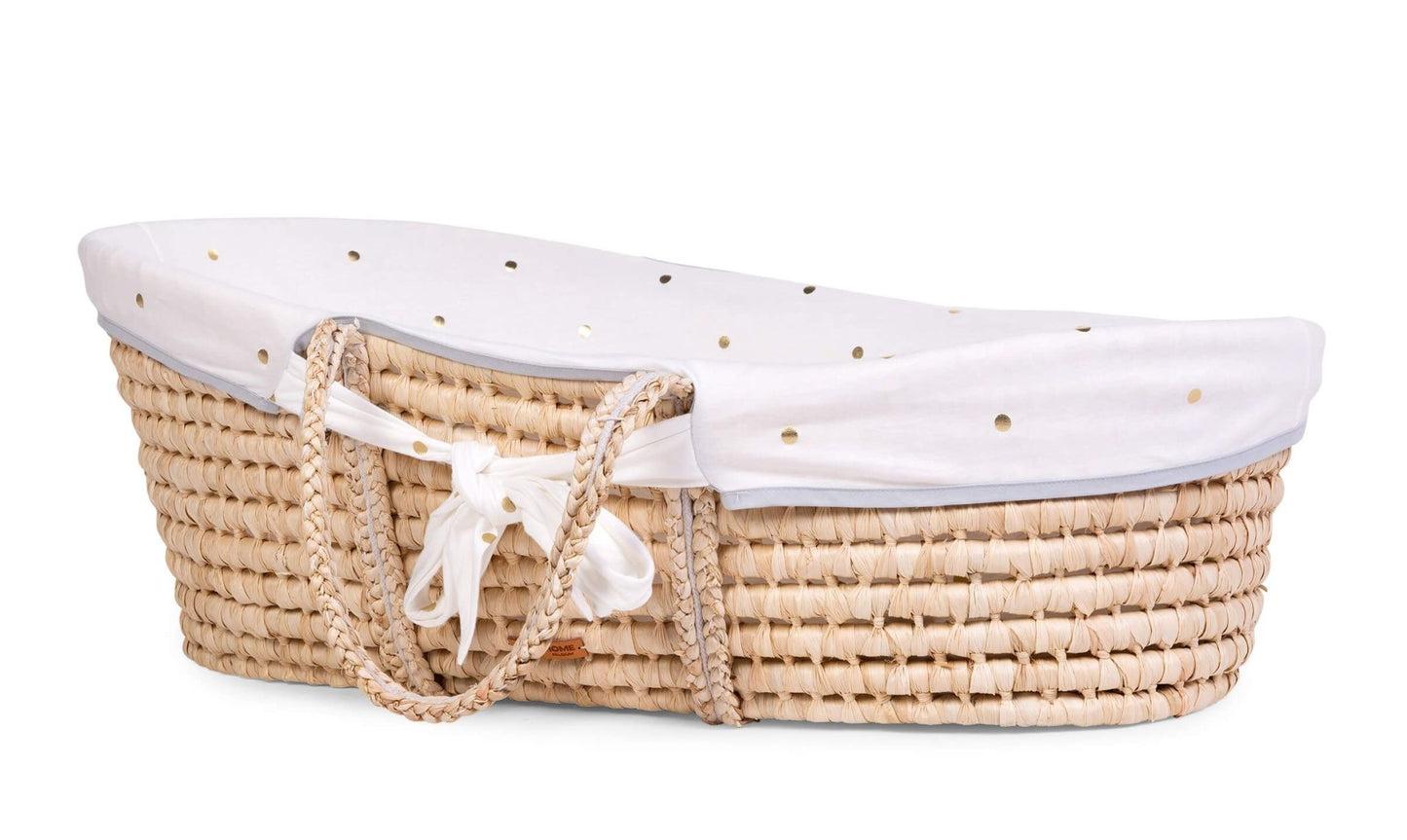 Moses Mand + Handvaten + Matras - Zacht Maïsschil - Naturel + Jersey Bekleding Gold Dots