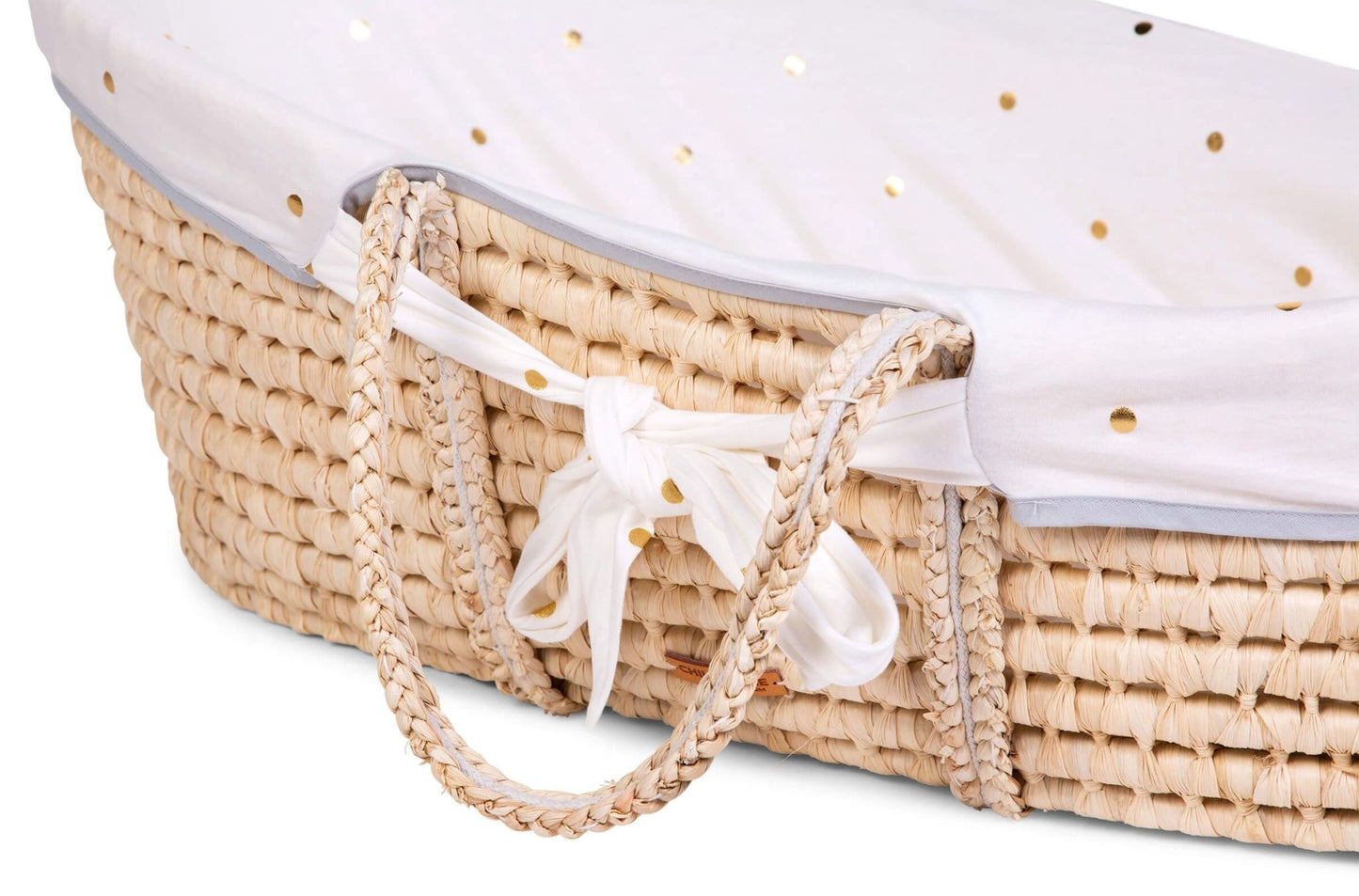 Moses Mand + Handvaten + Matras - Zacht Maïsschil - Naturel + Jersey Bekleding Gold Dots