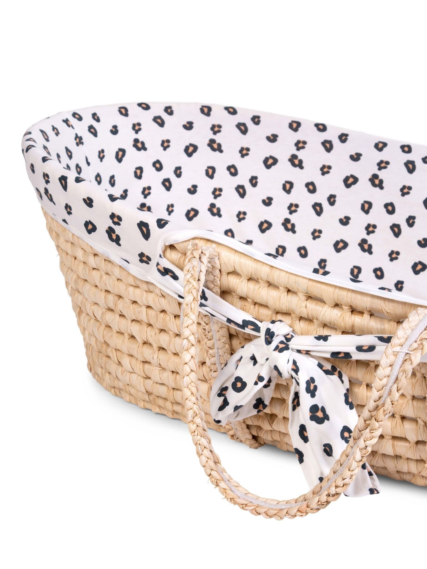 Moses Mand + Handvaten + Matras - Zacht Maïsschil - Naturel + Jersey Bekleding Leopard