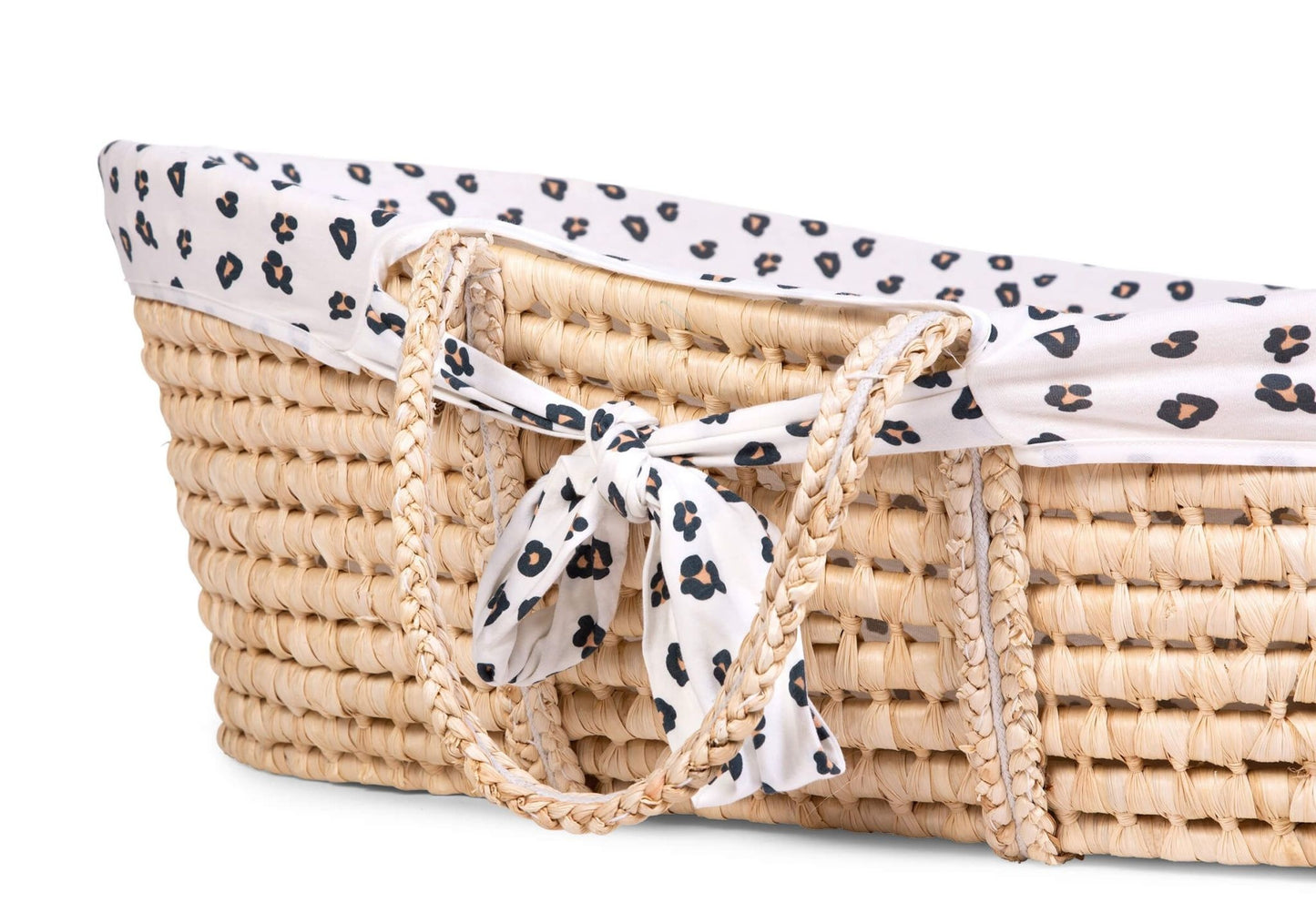 Moses Mand + Handvaten + Matras - Zacht Maïsschil - Naturel + Jersey Bekleding Leopard