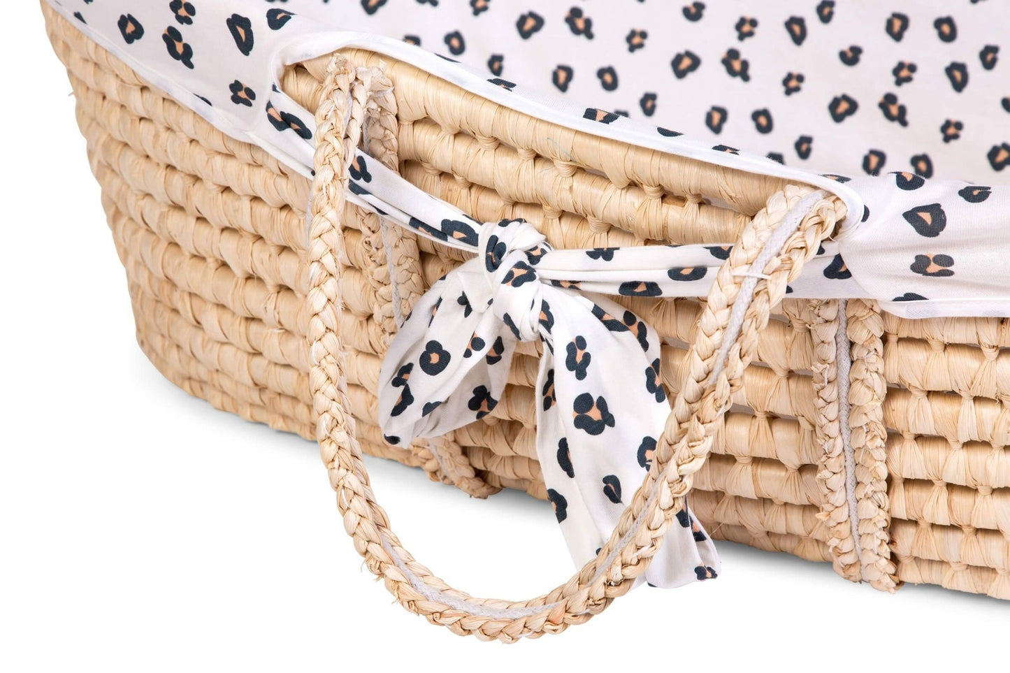 Moses Mand + Handvaten + Matras - Zacht Maïsschil - Naturel + Jersey Bekleding Leopard