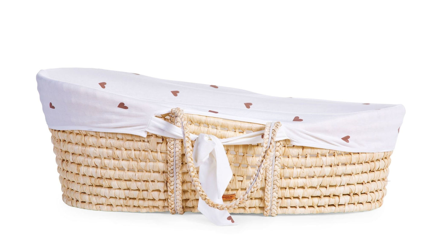 Moses Mand + Handvaten + Matras - Zacht Maïsschil - Naturel + Jersey Bekleding Hearts