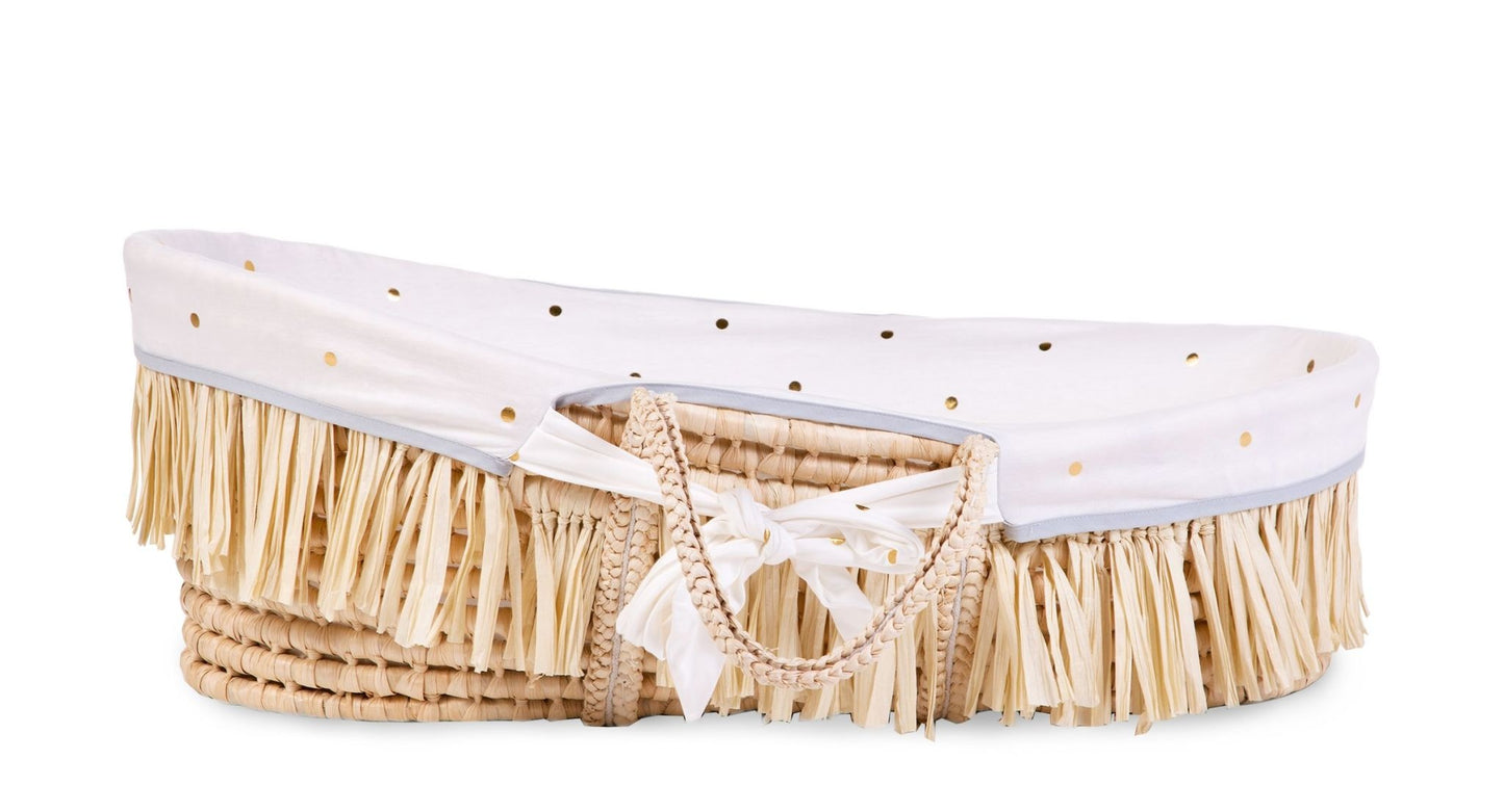 Moses Mand + Handvaten + Matras - Zacht Maïsschil + Raffia - Naturel + Jersey Bekleding Gold Dots