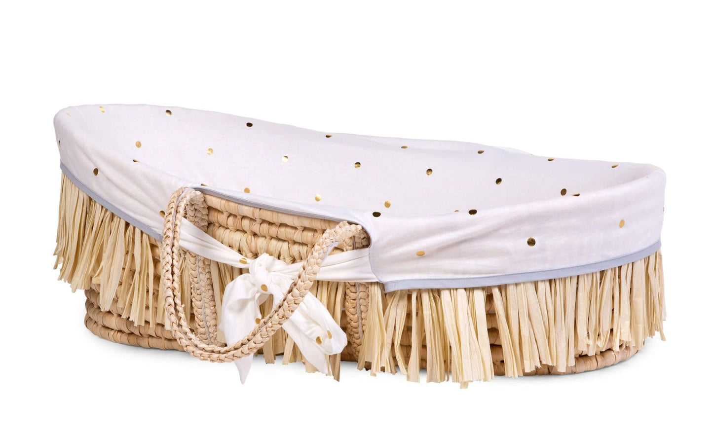 Moses Mand + Handvaten + Matras - Zacht Maïsschil + Raffia - Naturel + Jersey Bekleding Gold Dots