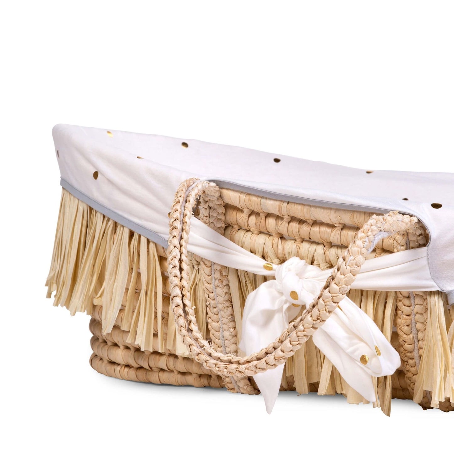 Moses Mand + Handvaten + Matras - Zacht Maïsschil + Raffia - Naturel + Jersey Bekleding Gold Dots