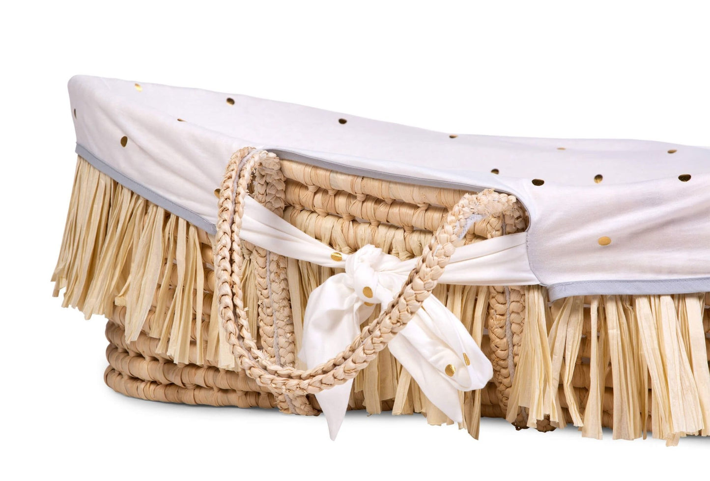 Moses Mand + Handvaten + Matras - Zacht Maïsschil + Raffia - Naturel + Jersey Bekleding Gold Dots