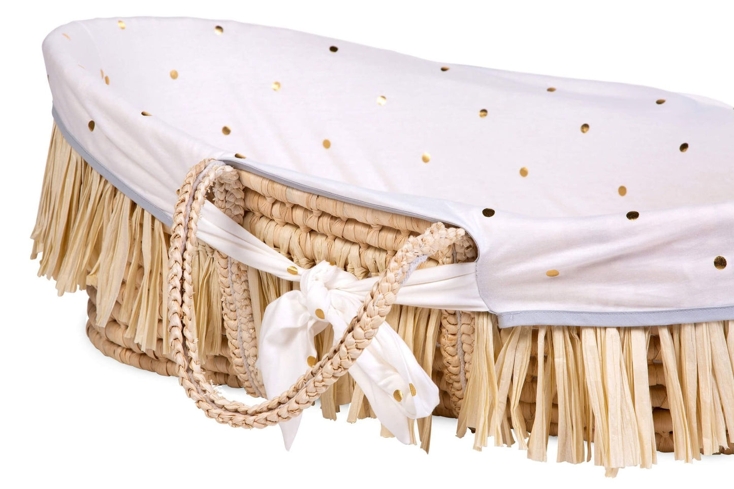 Moses Mand + Handvaten + Matras - Zacht Maïsschil + Raffia - Naturel + Jersey Bekleding Gold Dots