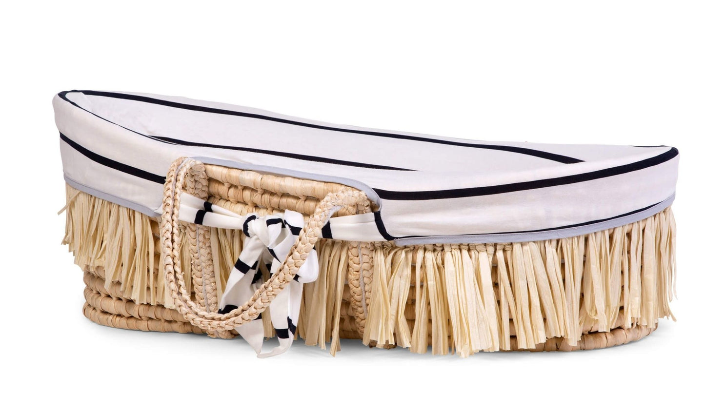 Moses Mand + Handvaten + Matras - Zacht Maïsschil + Raffia - Naturel + Jersey Bekleding Marin