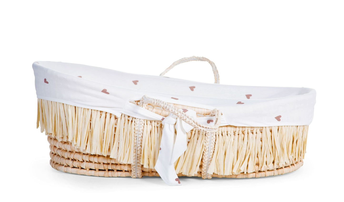 Moses Mand + Handvaten + Matras - Zacht Maïsschil + Raffia - Naturel + Jersey Bekleding Hearts