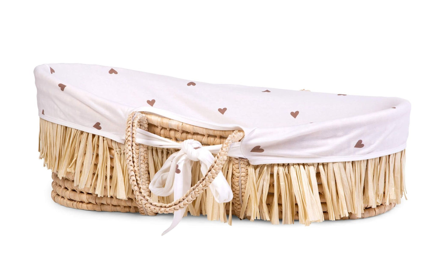 Moses Mand + Handvaten + Matras - Zacht Maïsschil + Raffia - Naturel + Jersey Bekleding Hearts