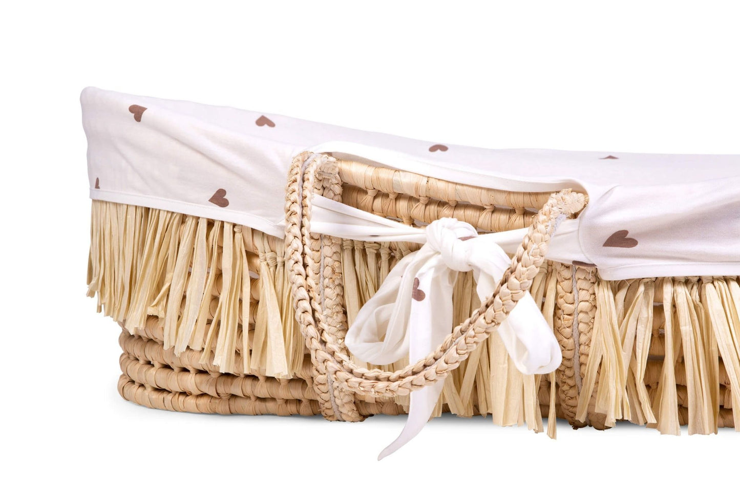 Moses Mand + Handvaten + Matras - Zacht Maïsschil + Raffia - Naturel + Jersey Bekleding Hearts