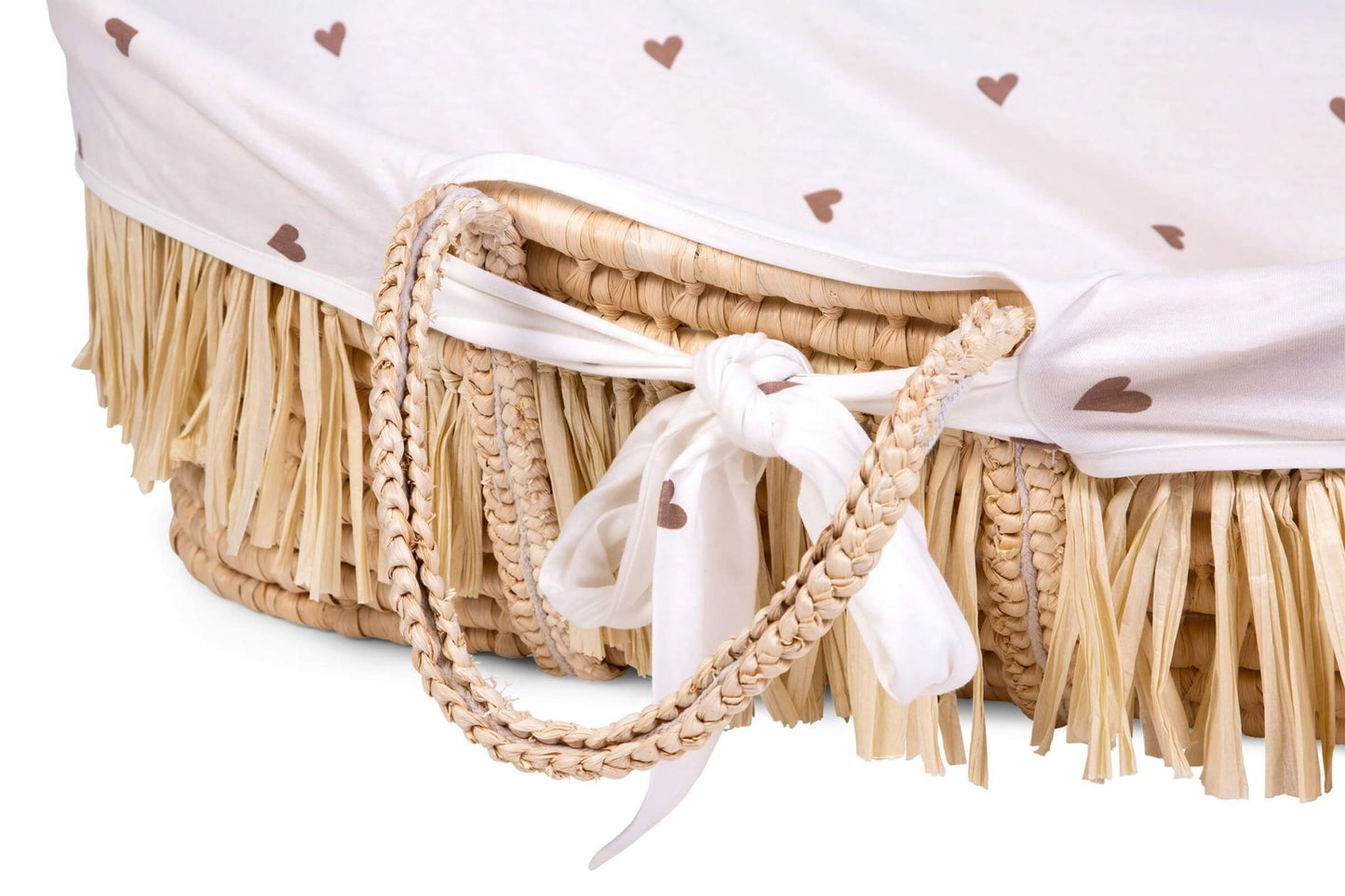 Moses Mand + Handvaten + Matras - Zacht Maïsschil + Raffia - Naturel + Jersey Bekleding Hearts