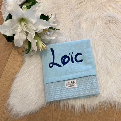 Warm Wafel Zomerdekentje met naam | Gepersonaliseerde | Sky Blue
