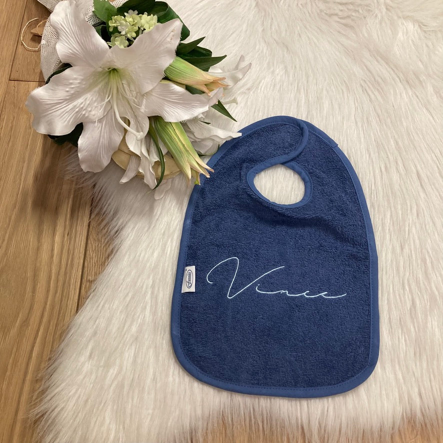 Slab met naam | Gepersonaliseerde baby slab katoen | Demin Blue