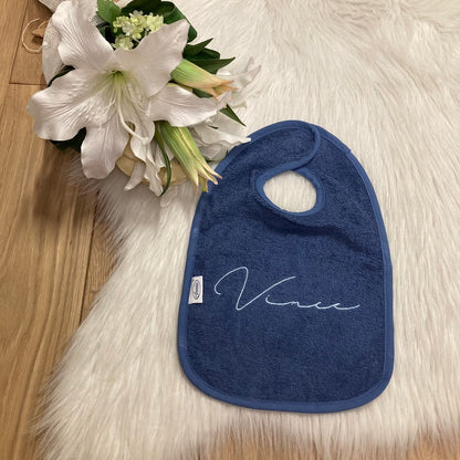 Slab met naam | Gepersonaliseerde baby slab katoen | Demin Blue