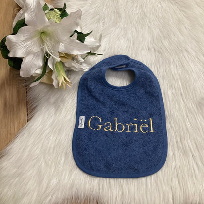 Slab met naam | Gepersonaliseerde baby slab katoen | Demin Blue
