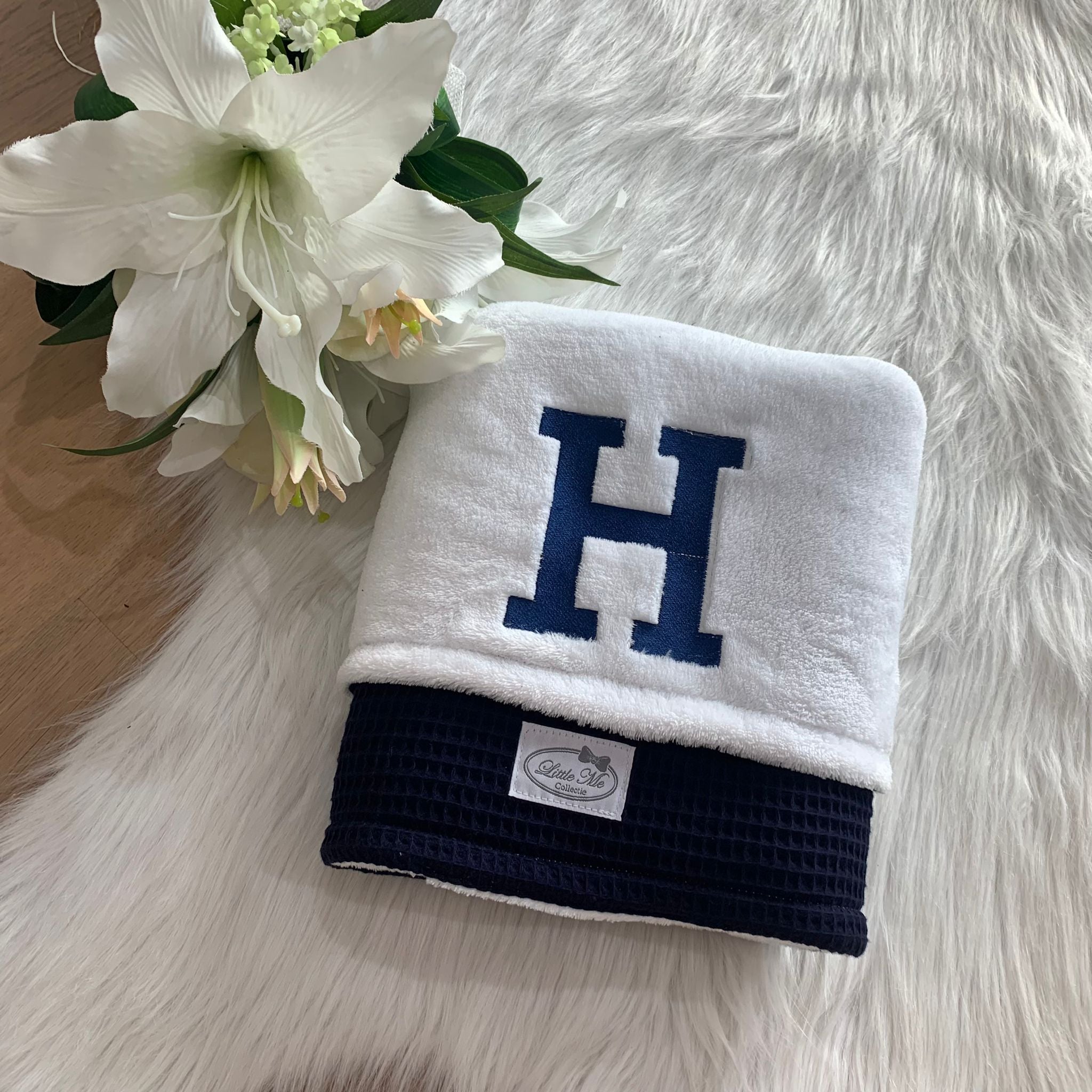 Winterdeken warm wafel Marine blauw/wit