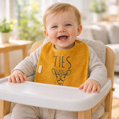 Slab met naam | Gepersonaliseerde baby slab katoen | Gold Ocher