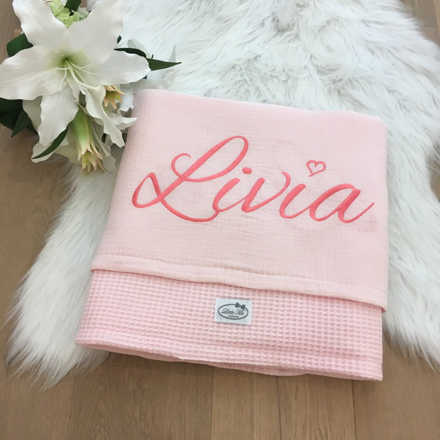 Warm Wafel Zomerdekentje met naam | Gepersonaliseerde | Baby Pink