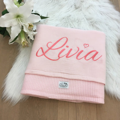 Warm Wafel Zomerdekentje met naam | Gepersonaliseerde | Baby Pink