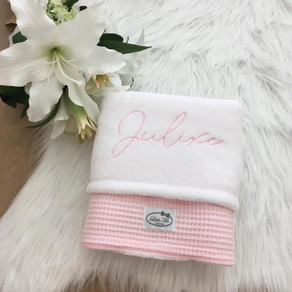 Warm Wafel Winterdekentje met naam | Gepersonaliseerde | Baby Pink/ soft cloud