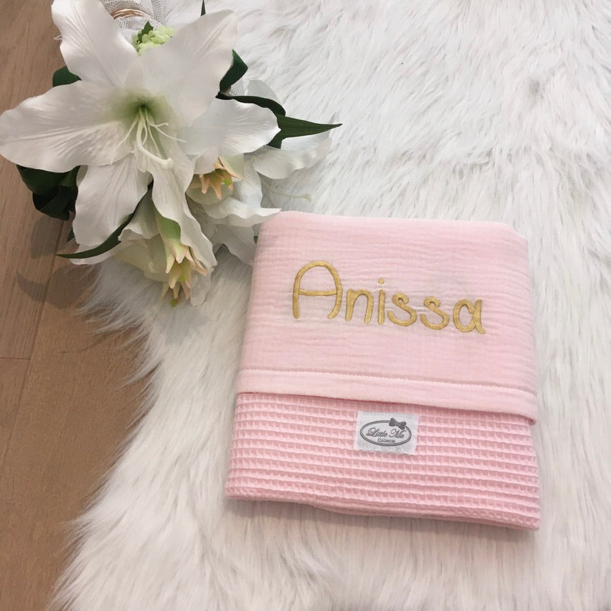 Warm Wafel Zomerdekentje met naam | Gepersonaliseerde | Baby Pink