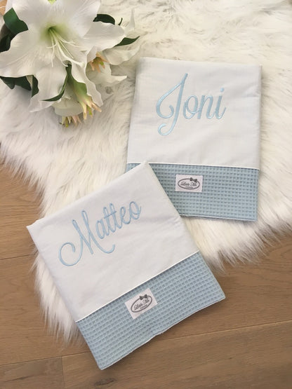 Warm Wafel Lakentje met naam | Gepersonaliseerde | Sky Blue